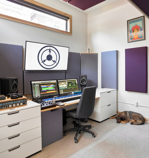 Side view of the mixing desk in the Bloor Street Sound post-production studio